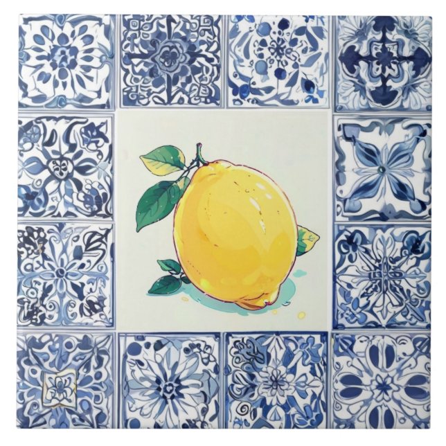 Azulejo Talavera Lemon - Blue and White Mediterranean (Frente)