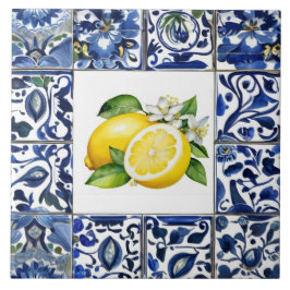 Azulejo Talavera Lemons Dark Blue and White Mediterranean