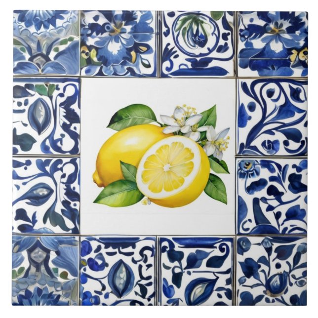 Azulejo Talavera Lemons Dark Blue and White Mediterranean (Frente)