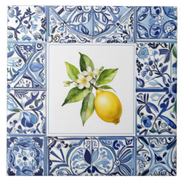 Azulejo Talavera Lemons Light Blue and White Mediterranean