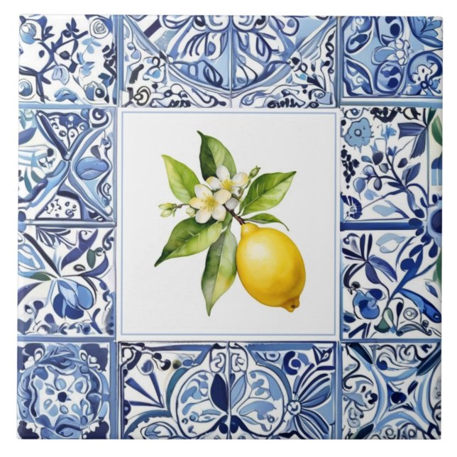 Azulejo Talavera Lemons Light Blue and White Mediterranean (Frente)