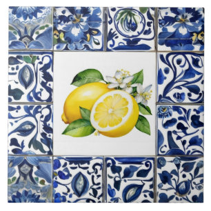 Azulejo Talavera Limones Azul Oscuro y Blanco Mediterráneo