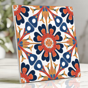 Azulejo Talavera Mexicana Medallón Floral Naranja Cobalto