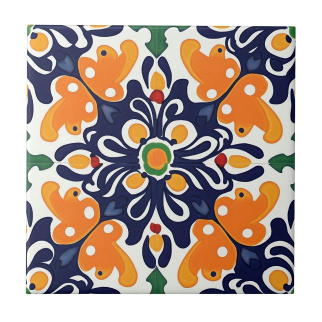 Azulejo Talavera Naranja azul sin soldadura español mexica (Frente)