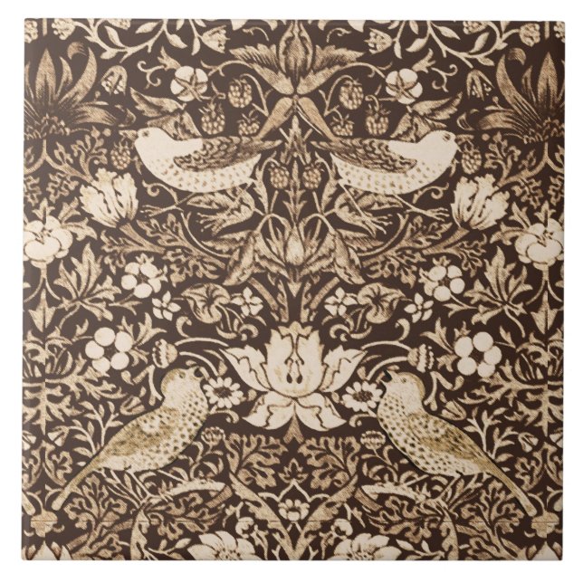 Azulejo Tapiz Art Nouveau de pájaros y flores, marrón oscu (Frente)