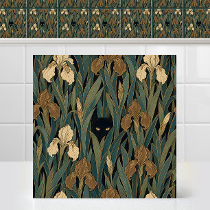 Azulejo Tapiz de follaje de iris de gato negro gótico vict