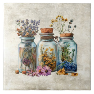 Azulejo Tarros de Acuarela Rústica con Hierbas Flores