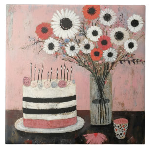 Azulejo Tarta de cumpleaños chic y flores de gerbera