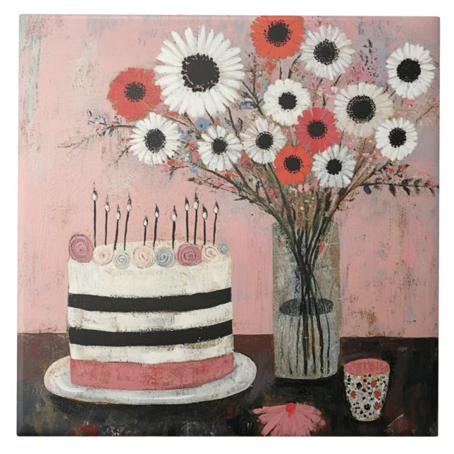 Azulejo Tarta de cumpleaños chic y flores de gerbera (Frente)