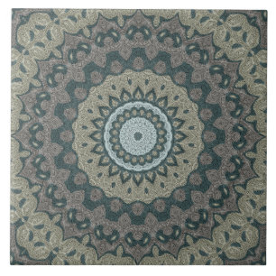 Azulejo Taupe y Mandala Verde azulada con simetría tribal