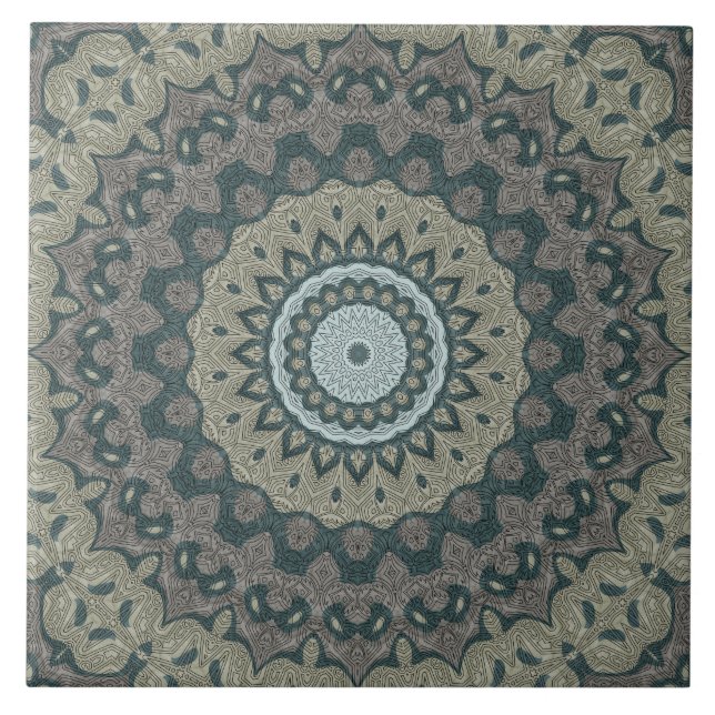Azulejo Taupe y Mandala Verde azulada con simetría tribal (Frente)