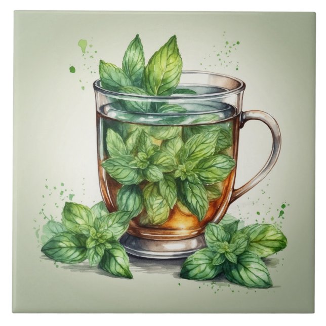 Azulejo Taza de té de menta con hojas frescas de menta (Frente)