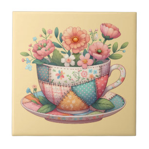 Azulejo Taza de té de patchwork con flores caprichosas