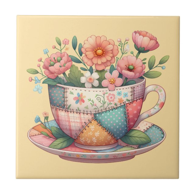 Azulejo Taza de té de patchwork con flores caprichosas (Frente)
