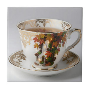Azulejo Taza de té elegante de otoño con cascada y borde d
