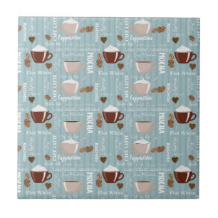 Azulejo Tazas de café Líneas verticales azules Granos de c