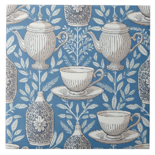 Azulejo Tazas de té azules con diseño de hojas vintage