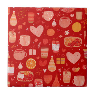 Azulejo Tazas y regalos navideños acogedores con patrón ro