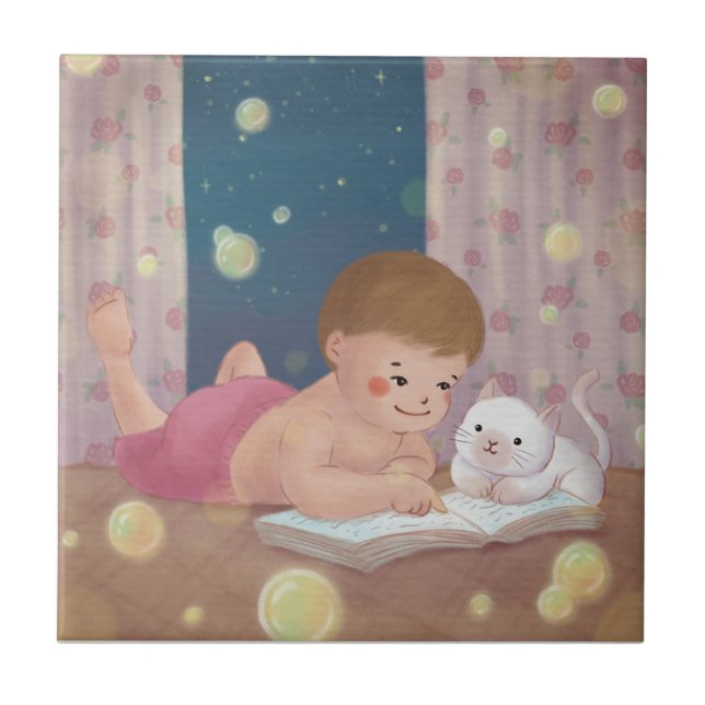 Azulejo Te falta: Ilustracion de chico y gato (Frente)