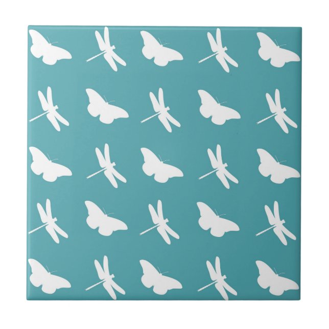 Azulejo Teal and White Butterfly and Dragonfly Pattern (Frente)
