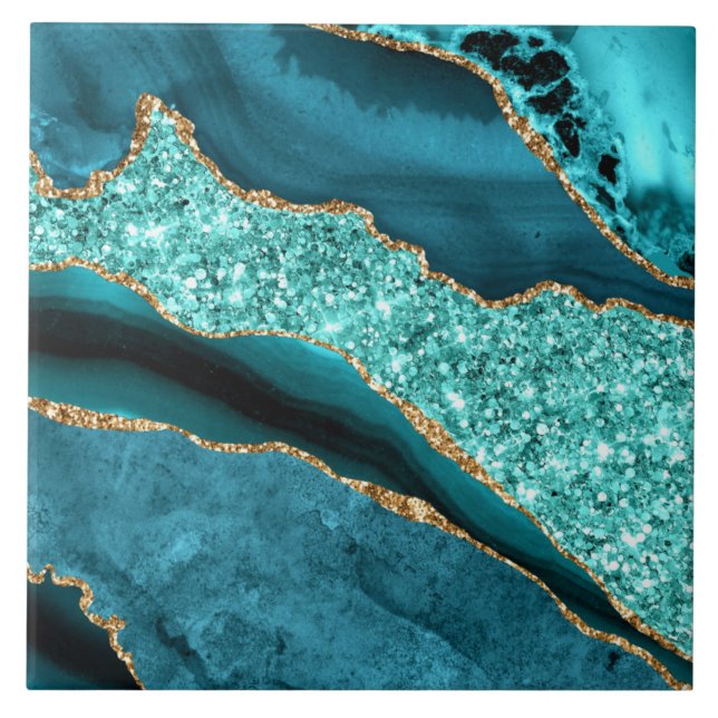 Azulejo Teal Blue Gold Glitter Marble Ceramic Tile (Frente)