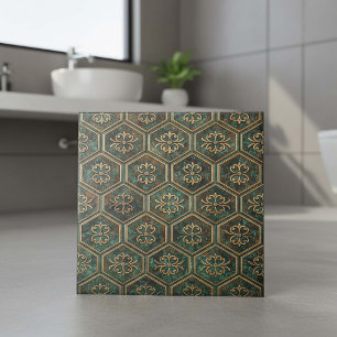 Azulejo Teal & Bronce Deteriorado Hexágono #17 ID1227