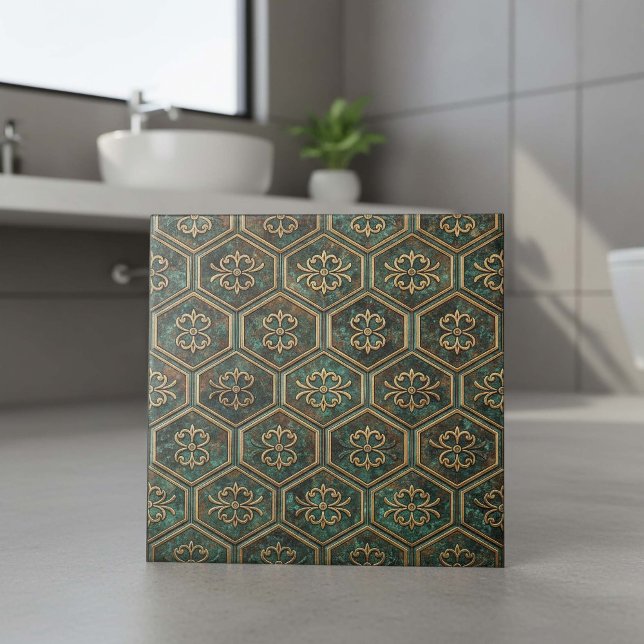 Azulejo Teal & Bronce Deteriorado Hexágono #17 ID1227 (Subido por el creador)
