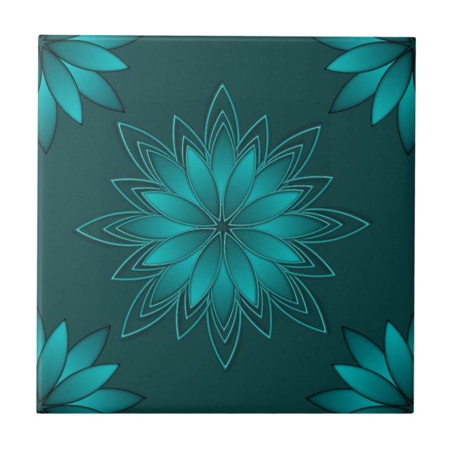 Azulejo Teal Leaf Mandala Design on Dark Cyan (Frente)