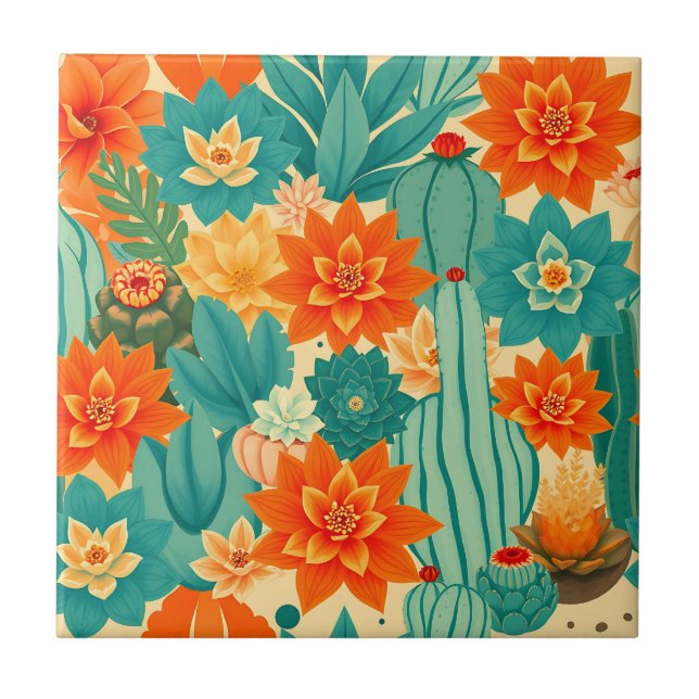 Azulejo Teal Orange Desert Cactus Bloom (Frente)