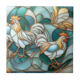 Azulejo Teal Stained Glass Roosters Elegant Farmhouse