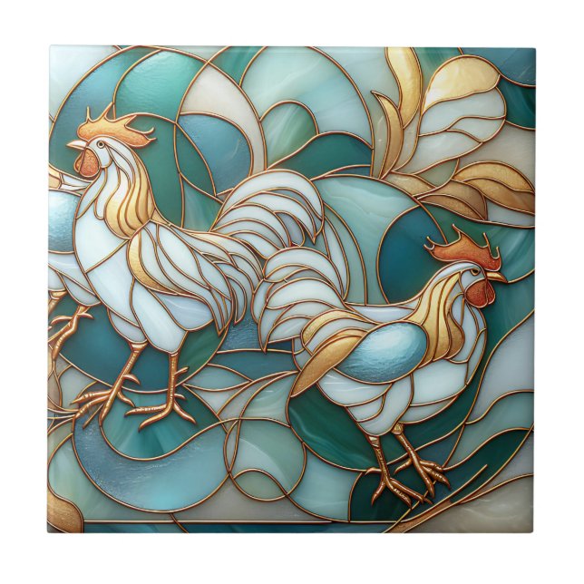Azulejo Teal Stained Glass Roosters Elegant Farmhouse (Frente)
