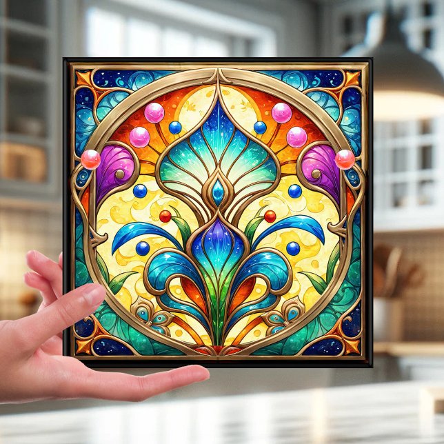 Azulejo Tejido cerámico de diseño floral de vidrio templad (Tile featuring a stained glass or leaded glass style design with a colorful art deco flower)