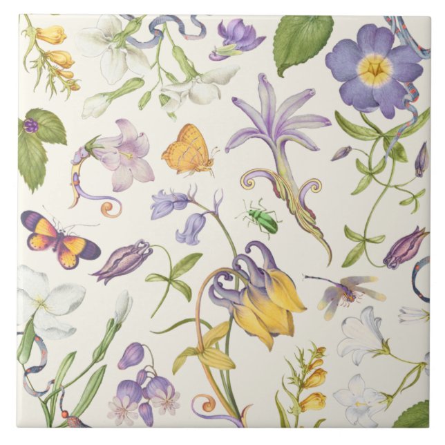 Azulejo Tejido de cerámica botánica vintage (Frente)