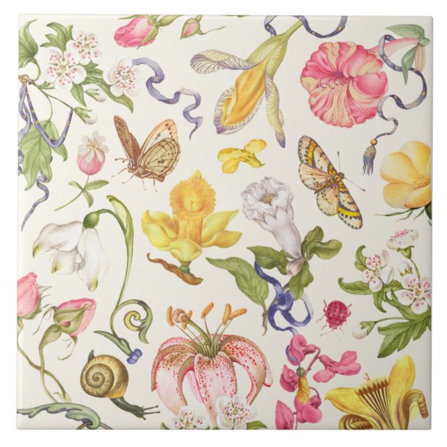 Azulejo Tejido de cerámica botánica vintage (Frente)