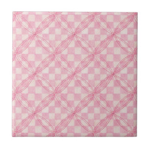 Azulejo Tejido de cerámica de 4,25", PINK CHECK QUILT