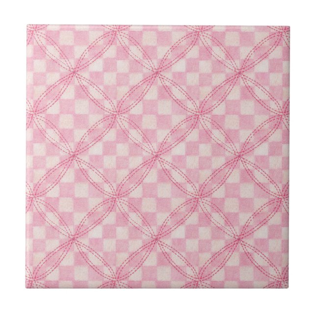 Azulejo Tejido de cerámica de 4,25", PINK CHECK QUILT (Frente)