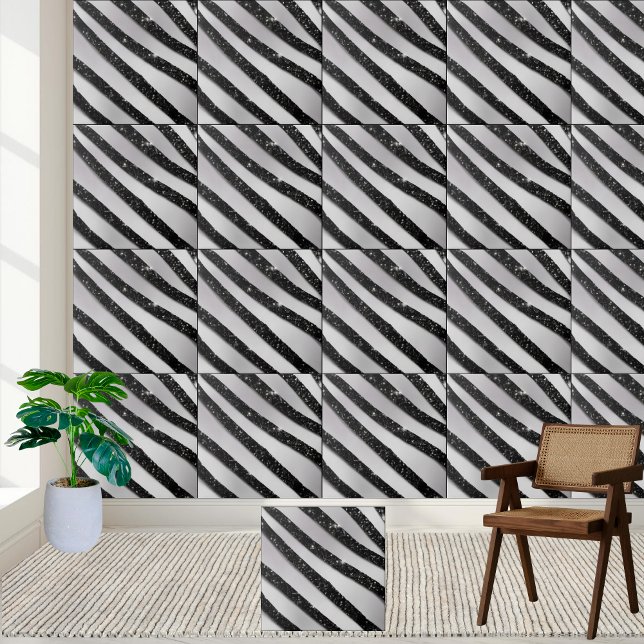 Azulejo Tejido de cerámica del suelo de la banda del Purpu (Black White Glitter Stripe Floor Ceramic Tile)