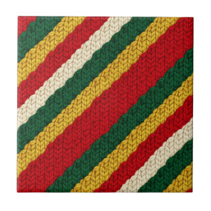 Azulejo Tejido de rayas festivas en rojo, verde, dorado y