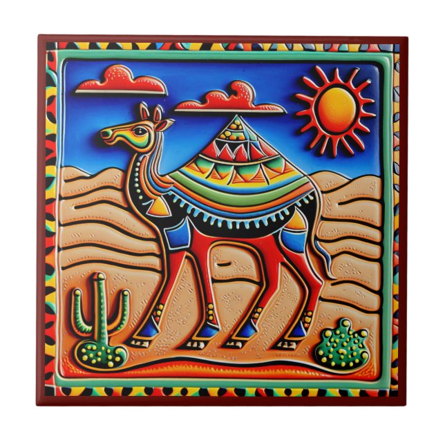 Azulejo Tela de cerámica de camello estilo huichol mexican (Frente)