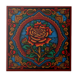 Azulejo Tela de cerámica rosa estilo arte huichol mexicano
