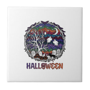 Azulejo Telaraña de Halloween Árbol Fantasmas Calabazas Lá