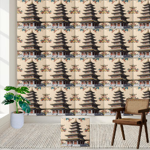 Azulejo Templo floral de inspiración asiática Chinoiserie 