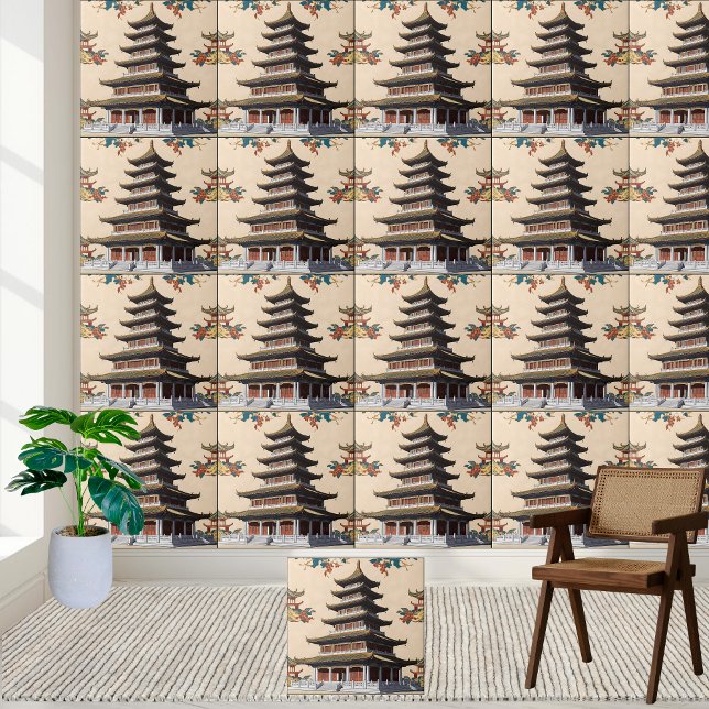 Azulejo Templo floral de inspiración asiática Chinoiserie  (Asian-Inspired Floral Temple Chinoiserie Pagoda Ceramic Tile)