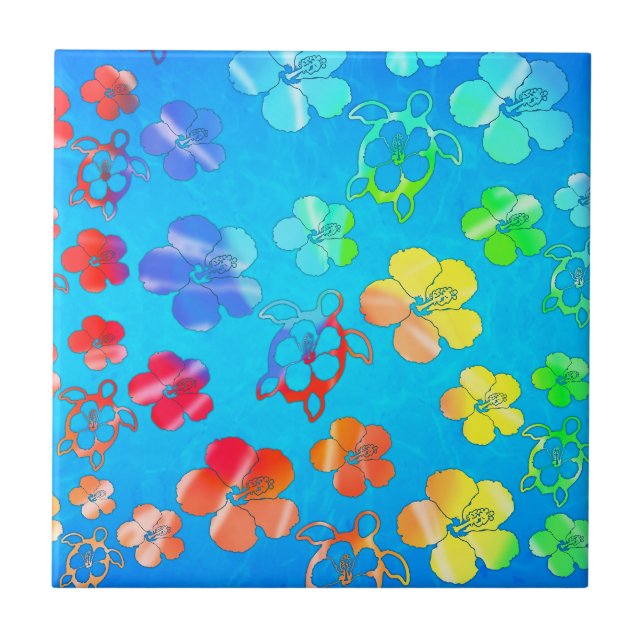 Azulejo Teñido anudado Honu e hibisco (Frente)