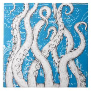 Azulejo Tentáculos blancos Octopus Mapa de cosecha Azul N
