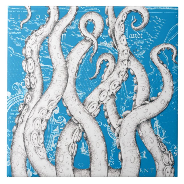 Azulejo Tentáculos blancos Octopus Mapa de cosecha Azul Ná (Frente)