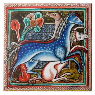 AZULEJO TERCERO BESTIARIO MEDIEVAL, TRES CABALLOS EN WOODL
