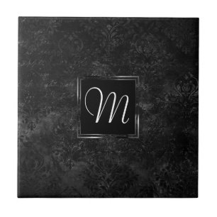 Azulejo Terciopelo Negro Ónix   Monograma Grunge de Pizarr