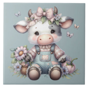 Azulejo Ternera bebé pastel adorable con overoles y flores