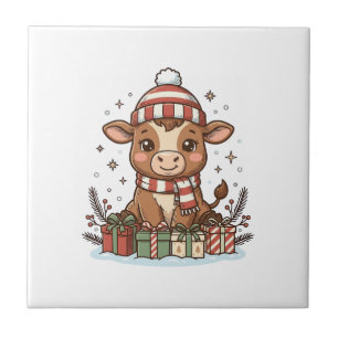Azulejo Ternero de Navidad lindo con regalos Vintage Vecto